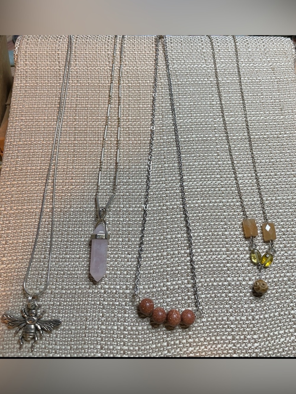 Lot of 4 necklaces Bee- rose quartz -gold stone -artisan made2 with 925 chains.